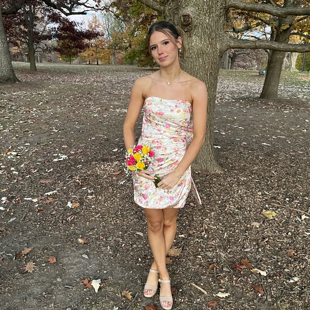 Floral Strapless Mini Dress in Cream and Pink